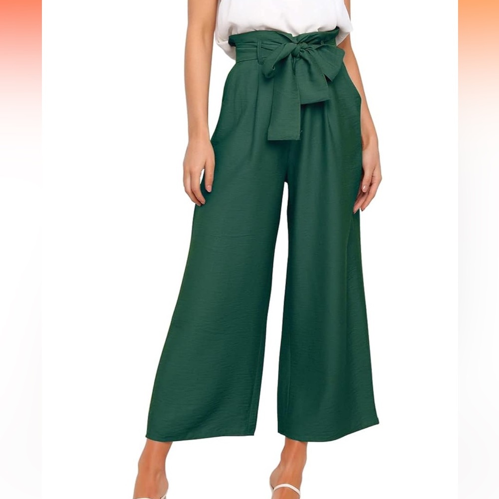 Wide leg cropped paper bag pants with bow belt